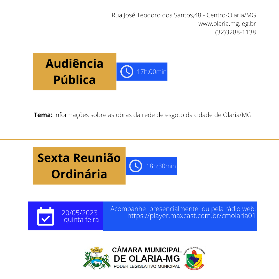 No dia 20/04/2023 será realizada  2ª Audiência Pública  e logo após 6ª Reunião Ordinária