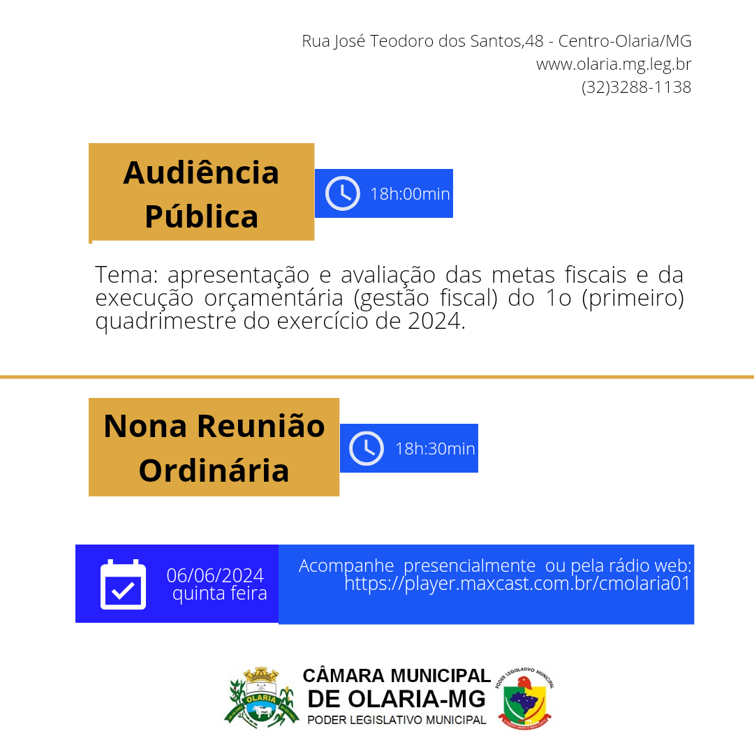 No dia 06/06/2024, será realizado 3° Audiência Pública e logo após 9° Reunião Ordinária 