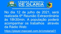 No dia 12 de julho de 2021, será  realizada a 6ª Reunião Extraordinária